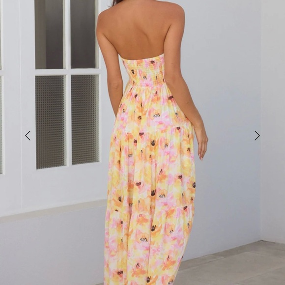 Hello Molly Yellow & Pink Floral Strapless Tie-Front Maxi Dress - Picture 3 of 4